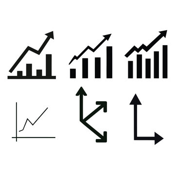 Set of business growth charts and financial data icons featuring bar graphs and coordinate arrows for statistical progress and analytical reporting