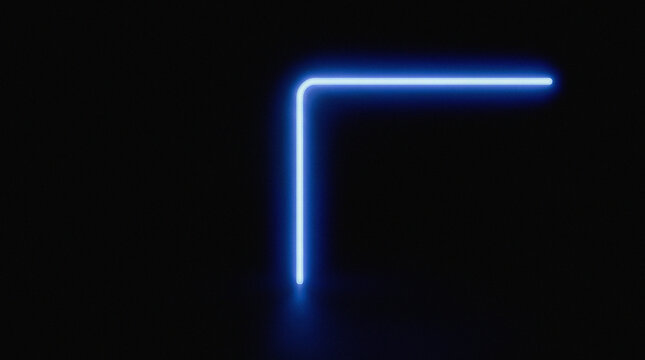 Abstract glowing blue neon light corner frame on dark black background. Futuristic minimalist geometric border element with soft reflection and copy space.