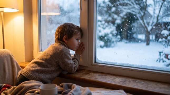 Young boy looking out window at falling snow in cozy home setting