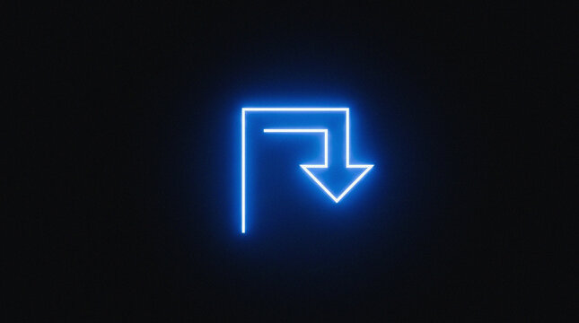 Glowing cyan neon arrow pointing down on dark black background. Futuristic luminous line forming a directional return or download symbol with copy space.