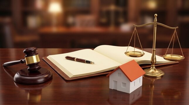 Real estate law concept with judge gavel, balance scale, open book, and house model on wooden table