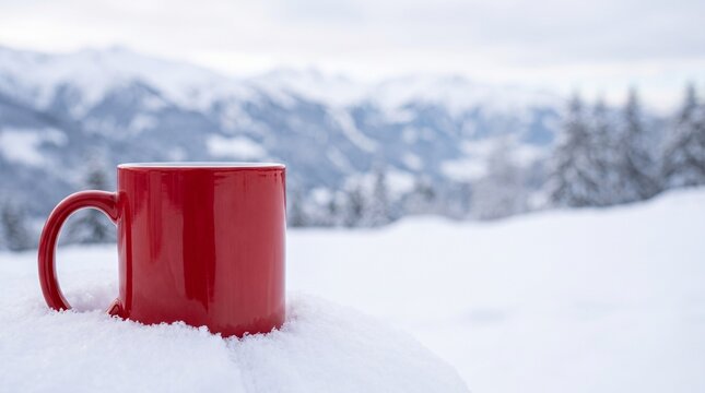 Red mug in snow with snowy mountains background winter scene