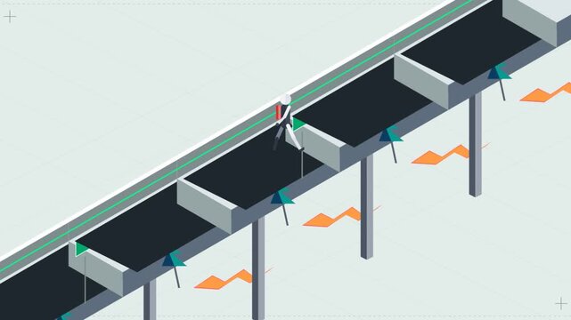 Isometric animation of stick figure walking along industrial conveyor belt system