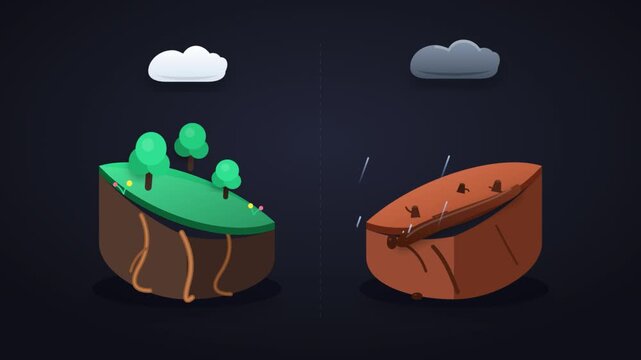 Comparing healthy green ecosystem and deforested eroded land in a 3D animated split screen conceptual graphic