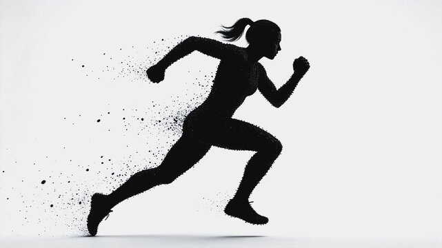 Black silhouette of a female sprinter with particle effect against plain white background, showing dynamic running motion.
