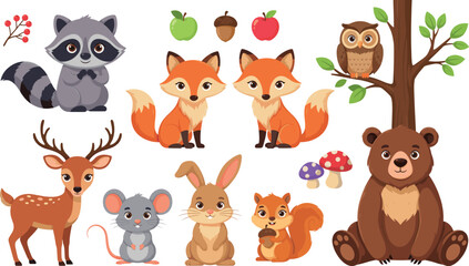 Fototapeta premium Cute woodland forest animals vector illustration set featuring raccoon foxes owl deer rabbit squirrel and bear on white