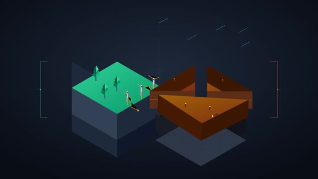 Isometric digital animation of modular terrain blocks separating in a dark virtual environment