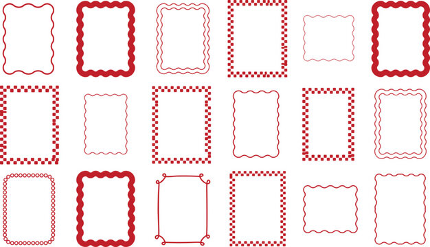 Red wavy and checkered rectangular frames vector illustration bundle featuring diverse decorative border design elements on white