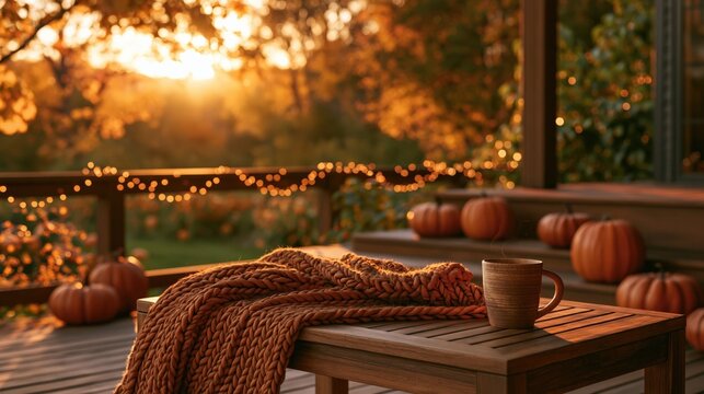 Cozy Autumn Porch Overlooking a Backyard Pumpkin Patch