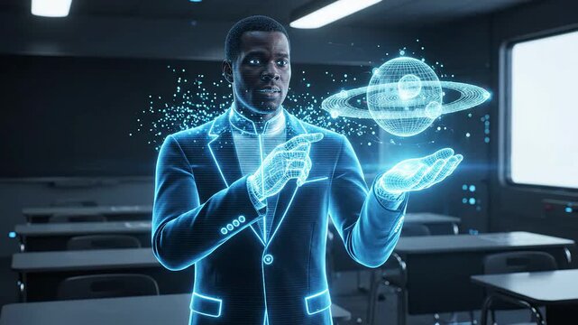 Futuristic male professor presenting a glowing planet hologram in a classroom setting. Educational technology and advanced digital learning concept for students.