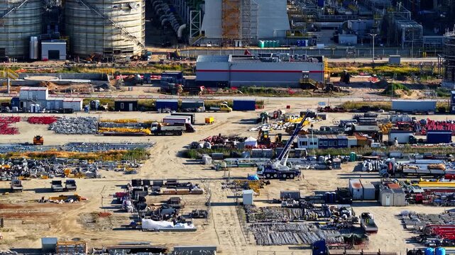 Aerial view of the industrial infrastructure and storage tanks at the Orlen Plock Production Plant in Plock, Wojewodztwo mazowieckie, Poland.