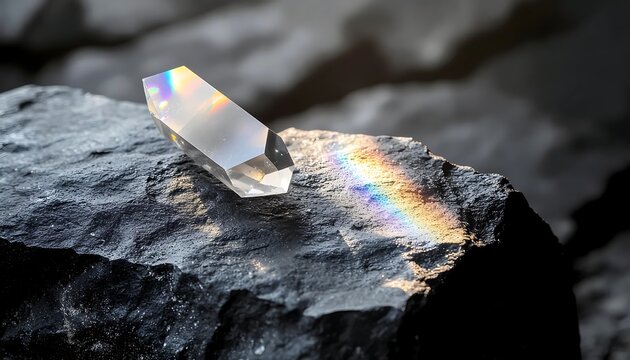 Clear crystal on dark rock with rainbow reflection