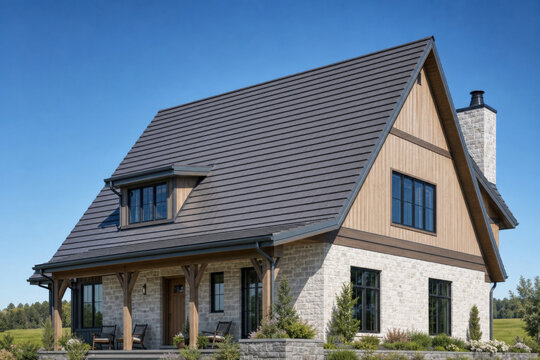 Modern suburban house exterior with dark roof stone and wood walls