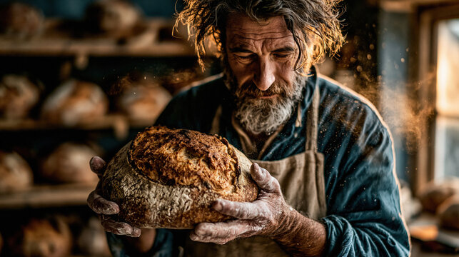 Elderly baker holding fresh loaf of artisan bread in bakery