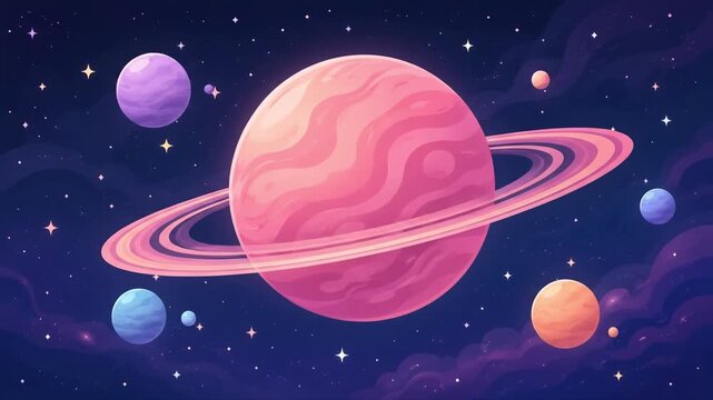 Colorful animated space background with a large pink ringed planet, smaller orbiting planets, gentle motion, and subtle parallax in a dreamy 2D cosmic scene.