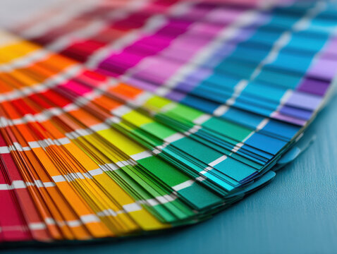 Color swatch palette fan with multicolor paint samples top view
