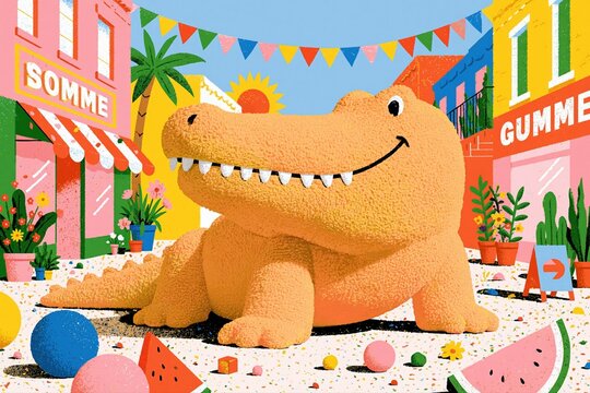 Cute smiling cartoon crocodile on colorful summer tropical street