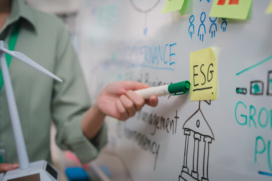 esg concept, ESG planning, sustainability strategy, and governance concept support responsible business discussion in collaborative office setting