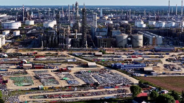 Aerial view of the Orlen Plock Production Plant featuring industrial infrastructure, storage tanks, and pipes in Plock, Wojewodztwo mazowieckie, Poland.