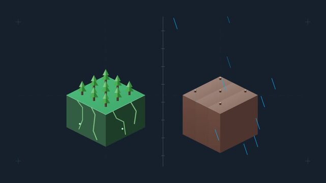 Isometric 3d animation comparing forest ecosystem and deforested land under rain