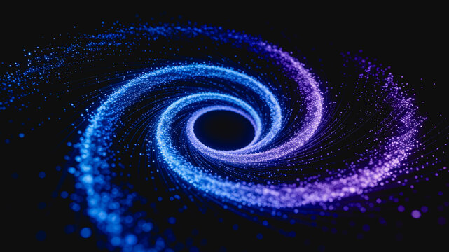 A 3D abstract digital illustration of a glowing blue and purple spiral particle vortex set against a dark background.