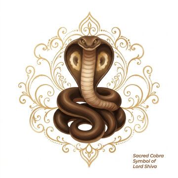 Lord Shiva sacred cobra snake Vasuki symbol framed by elegant golden ornamental patterns isolated on a clean white background.