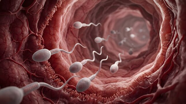 Sperm cells swimming through a human fallopian tube for fertilization and reproduction