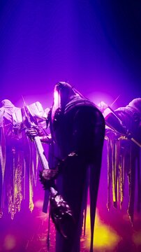 Gothic Violet Concert Visual of Four Shadow Knights Hovering with Weapons