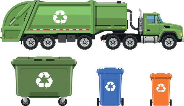 Green recycling garbage truck and waste management bins set including dumpster and colorful trash cans vector illustration