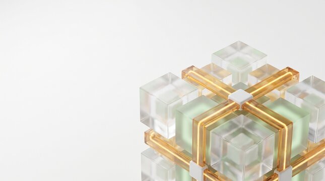 3D macro render of abstract solid-state battery technology with frosted glass cubes and glowing amber energy grid