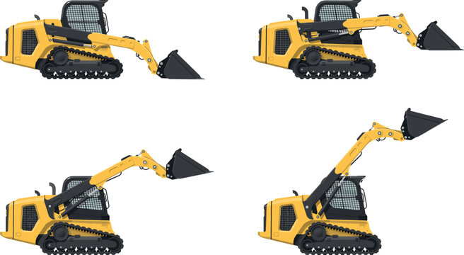 Yellow compact track loader skid steer construction vehicles set showing different bucket boom arm positions vector