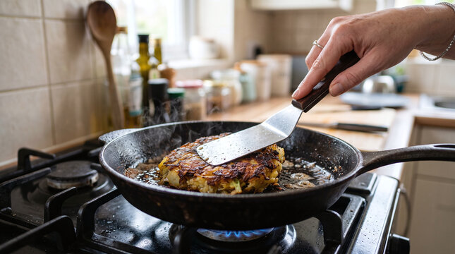 Frying traditional British bubble and squeak in a cast iron skillet on stove