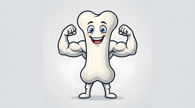 Cartoon bone character flexing strong muscular arms for health and fitness concept
