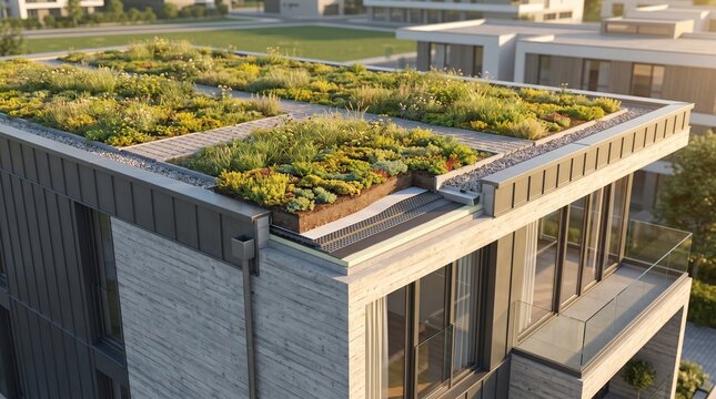 green roof cross section on modern building for urban heat adaptation - ai generated