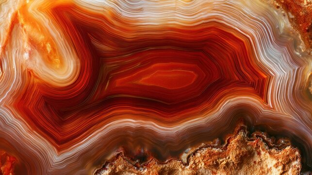 Close look at warm agate geode cross-section with rust banded center and natural stone texture showcasing unique patterns and colors