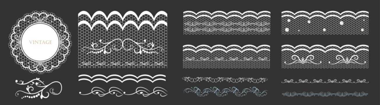 Lace border and frame set. Horizontal vector collection of white vintage crochet lace trims, scalloped edges, and round doily frame on dark background for wedding design or stationery.