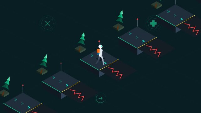 Isometric 3d animation of small character walking through abstract digital landscape with data charts