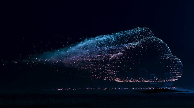 Abstract glowing digital cloud composed of flying data particles representing high speed cloud computing migration and fast wireless network transfer