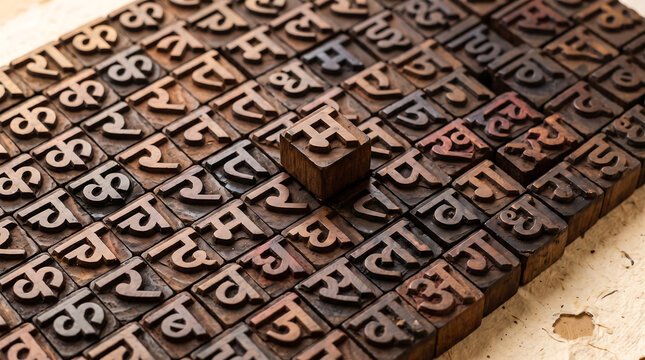 Close-up of traditional wooden Devanagari letterpress blocks arranged for printing, showcasing ancient script and craft