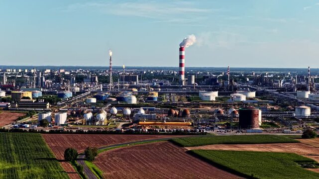 Aerial view of ORLEN Plock Production Plant with industrial storage tanks, a tall chimney, and surrounding agricultural fields in Plock, Mazowieckie Voivodeship, Poland.