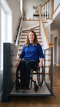 Happy disabled woman in wheelchair using home vertical platform lift indoors