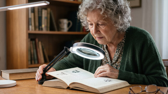 Elderly woman using an illuminated magnifying lamp to read a book at home