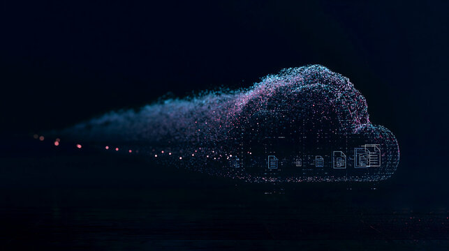 Glowing digital cloud computing icon formed by floating particles and document files representing fast data migration and secure online storage