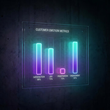 Neon bar chart displaying customer emotion metrics with satisfaction joy frustration and engagement data