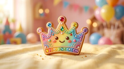 Naklejka premium A cute rainbow colored gingerbread crown cookie decorated with icing and candy gems for a birthday party.