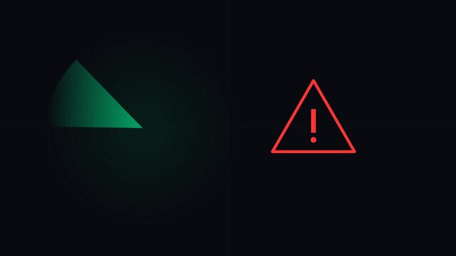 Abstract Radar Screen HUD with Scanning Green Light and Red Warning Alert Icon on Black Background