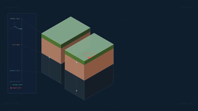 Isometric 3d geology model animation showing soil layers sliding and fault line movement