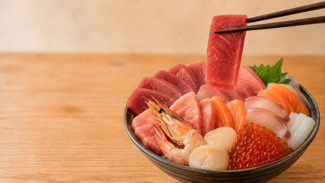 luxury japanese seafood bowl with tuna lifted by chopsticks