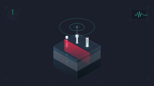Isometric animation of data processing and radar signals on dark background
