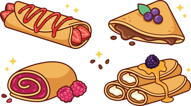 Sweet Crepe and Pancake Vector Illustration Set Featuring Strawberry Roll, Chocolate Filled Triangle, Raspberry Swiss Roll, and Honey Blintz Symbols for Bakery Menus